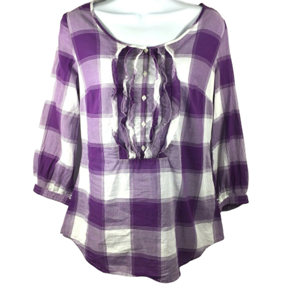 American Eagle Blouse Womens 4 Purple White Plaid Ruffle Casual Top Cotton
